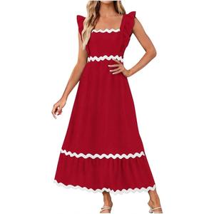 Women's Flutter Sleeveless Square Neck Midi Dress 2025 Casual High Waist Rickrack Tiered Flowy Dresses with Pockets, Small Red