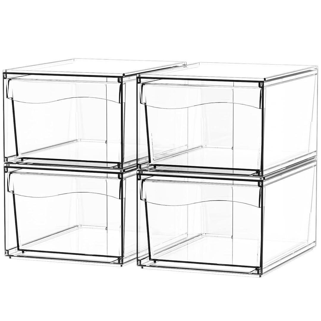 4 Pack Acrylic Drawer Organizer Stackable,Clear Storage Drawer for Makeup,Cosmetics,Beauty Products,Plastic Storage Organizer for Medicine Cabinet Organizer,Bottle and Pump Part Organizer Containers
