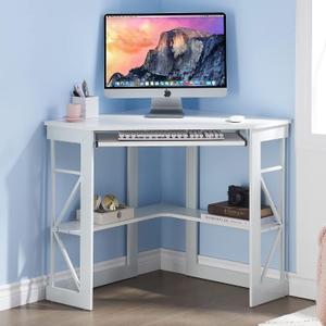 VECELO Corner Desk Computer Desk Writing Table with Smooth Keyboard Tray & Storage Shelves,Compact Home Office Triangle Table,White, 41" x 28" x 30"