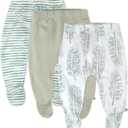 HonestBaby Baby 3-Pack Organic Cotton Footed Harem Pants, Jumbo Leaf Sage, 0-3 Months