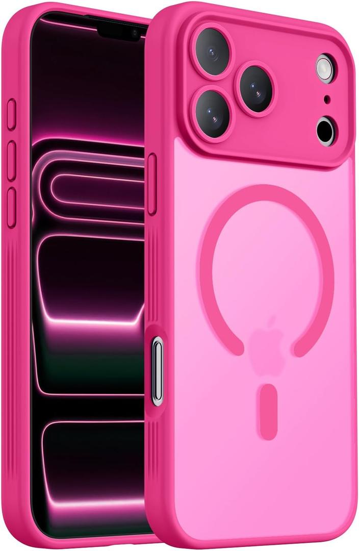 Designed for iPhone 17 Pro Case, Compatible with MagSafe, [Camera Protection] [15FT Military Drop Protection] Shockproof Translucent Matte Anti-Slip Phone Case, 6.3", Hot Pink