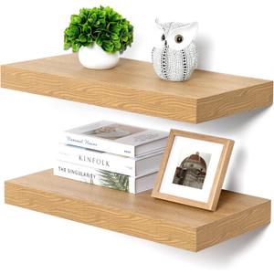 Deep Floating Shelves, 12 Inch Deep Rustic Floating Shelves Set of 2, 24 Inch Large Oak Wood Wall Mounted Shelves for Books Living Room Laundry Room Bedroom Kitchen Home Office - Oak (24W x 11.6D x 2H, 2 Pack)