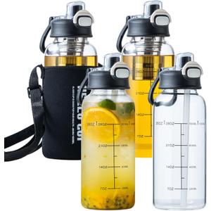 35oz Glass Water Bottles with Time Marker & Straw, BPA-Free Leakproof Glass Drinking Bottles with Protective Sleeve & Tea Infuser for Office Travel Sport (4PCS)