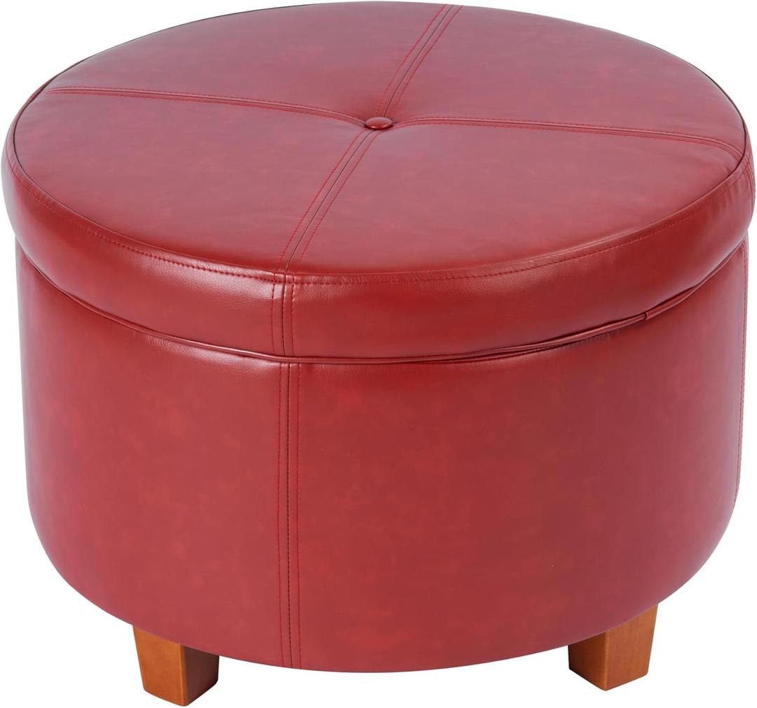 HomePop Round Leatherette Storage Ottoman with Lid, Cinnamon Red Large
