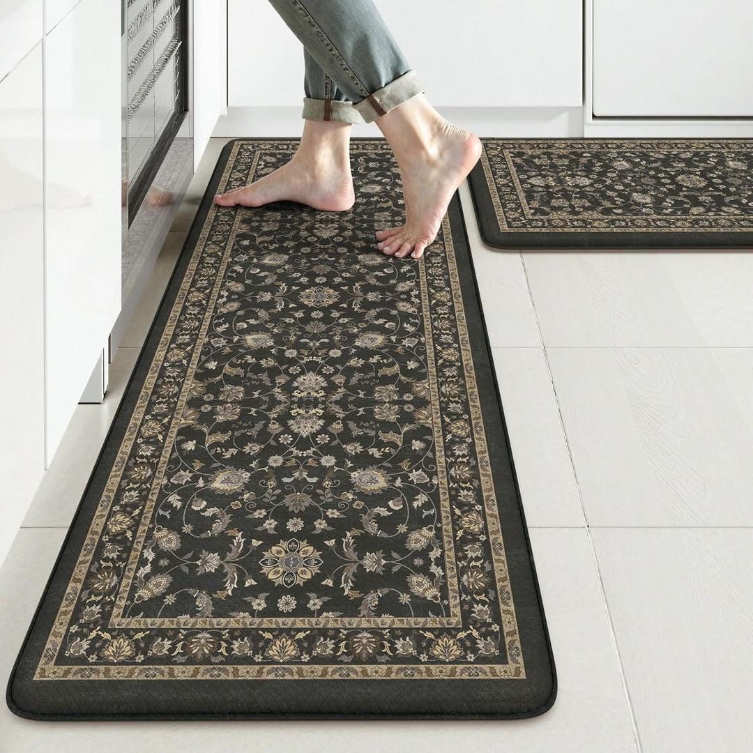 KIMODE Comfort Kitchen Floor Mats Cushioned Anti Fatigue,Boho Farmhouse Kitchen Sink Rug,Memory Foam Ergonomic Standing Mat Waterproof for Laundryroom Sink Home Office,Dark Grey (17.3" x 47"+ 17.3" x 29"--0.47 inches)