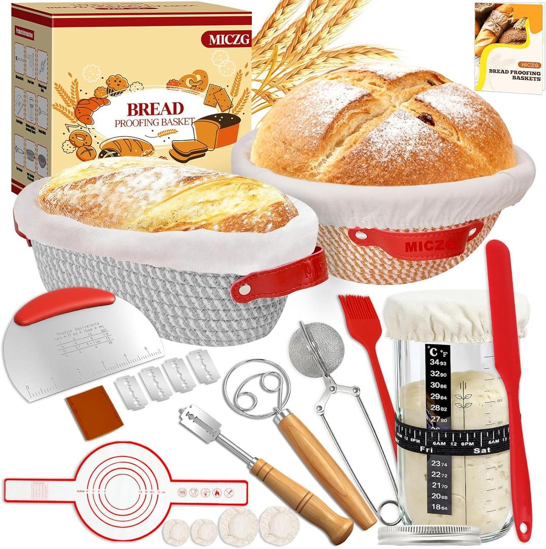 Sourdough Starter Kit, 9 Inch Round & 10 Inch Oval Banneton Bread Proofing Basket Set, 18 PCS Complete Sourdough Baking Supplies for Bread Making, Foldable Proofing Baskets,Gift for Bakers Women (Striped grey+Striped khaki)