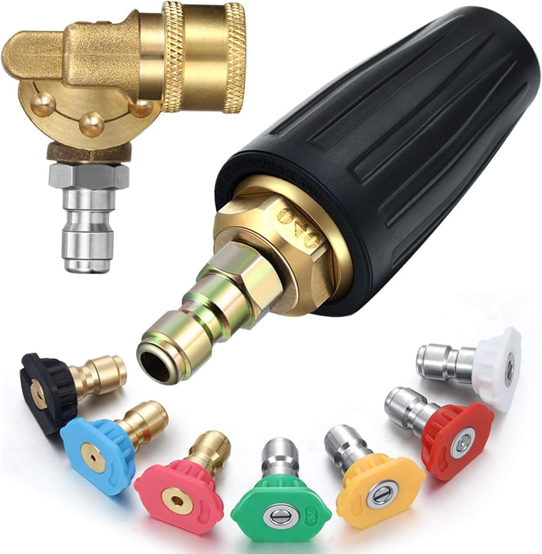 Mudder 4000 Psi Power Rotating Pressure Washer Tips Turbo Nozzle with 1/4" Quick Connector and 4500 Psi Pivoting Coupler and 7 Pcs Spray Nozzle Tips Kit Multiple Degrees