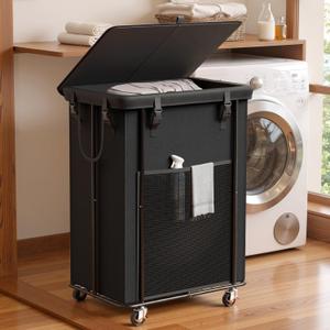 220L Laundry Hamper with Lid, Rolling Laundry Basket with Wheels, Large & Tall Dirty Clothes Hamper with Metal Frame and Removable Bag for Bedroom Aesthetic, Laundry Room, Bathroom, Dorm (58GAL, Black)