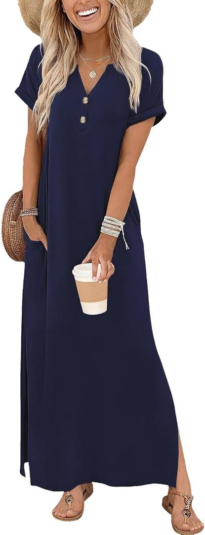Zeagoo Summer Dresses for Women 2026 Maxi Dresses Vacation Sundress Short Sleeve Casual Sundresses Split Dress with Pockets, XL (Blue)