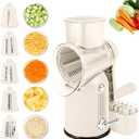 Rotary Cheese Grater with Handle: 5-in-1 Cheese Grater Hand Crank, Strong Suction Base for Fruit Vegetables Nuts with Blade Storage Box (White)