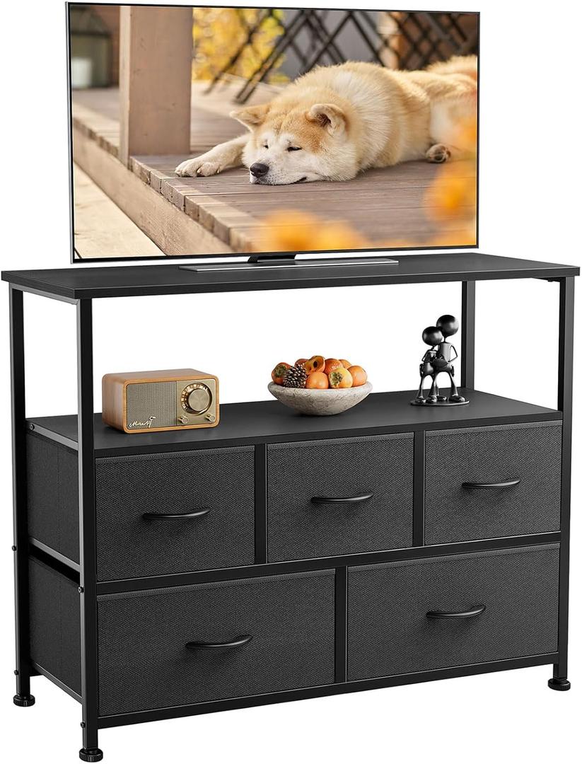 DUMOS TV Stand Dresser for Bedroom with 5 Fabric Drawer,Entertainment Center for 45 inch Television, Media Console Table with Storage, Open Shelf, Adjustable Feet, Living Room Furniture, Blac (11.8"D x 39.4"W x 31.9"H (5 Drawers), Black)