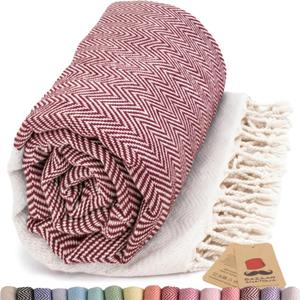 Bazaar Anatolia Turkish Beach Towel 100% Cotton Bath Towels 71x39 Quick Dry Sand Free Lightweight Large Oversized Herringbone Maroon