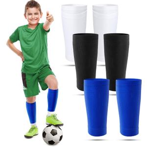 Boyiee 3 Pairs Kids Shin Guard Sleeves Youth Soccer Shin Guard Socks Breathable Calf Covers Holders Soccer Socks with Pockets (Small, White, Black, Blue)