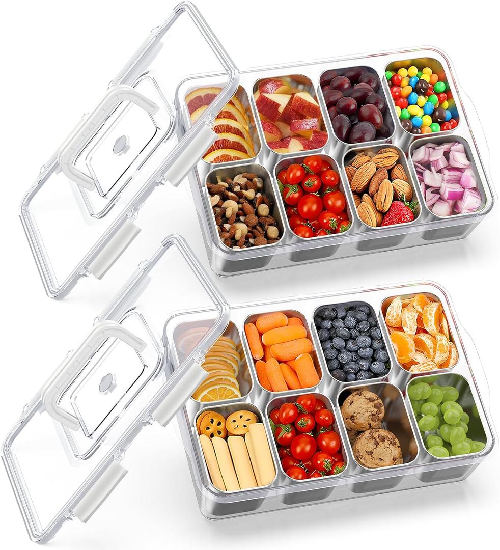2 Pack Snackle Box Container with 8 Removable Stainless Steel Containers  Clear Divided Serving Snack Tray with Lid & Handle  Leak-Proof for Wet/Dry Food  Perfect for Parties, Travel, Office