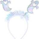 3 Pack Halloween Ghost Headband, Sparkly Bopper Ghost Hair Accessories w/Silver Tinsel | Fun Animated Look | Lightweight & Comfortable | One Size Fits Most Teens & Adults - Pink, Purple & White