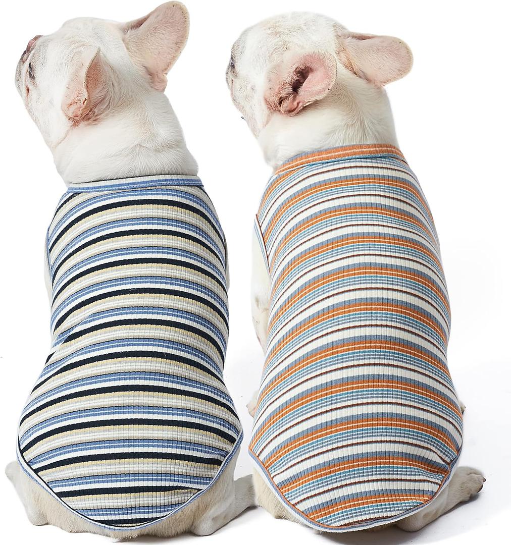 Dog Shirts Vest Cotton Striped T-Shirt, Sleeveless Stretchy Pet Clothes for Small Dogs, 2-Pack Soft Breathable Puppy Tank Top Cat Tee (X-Large, Blue,Yellow)