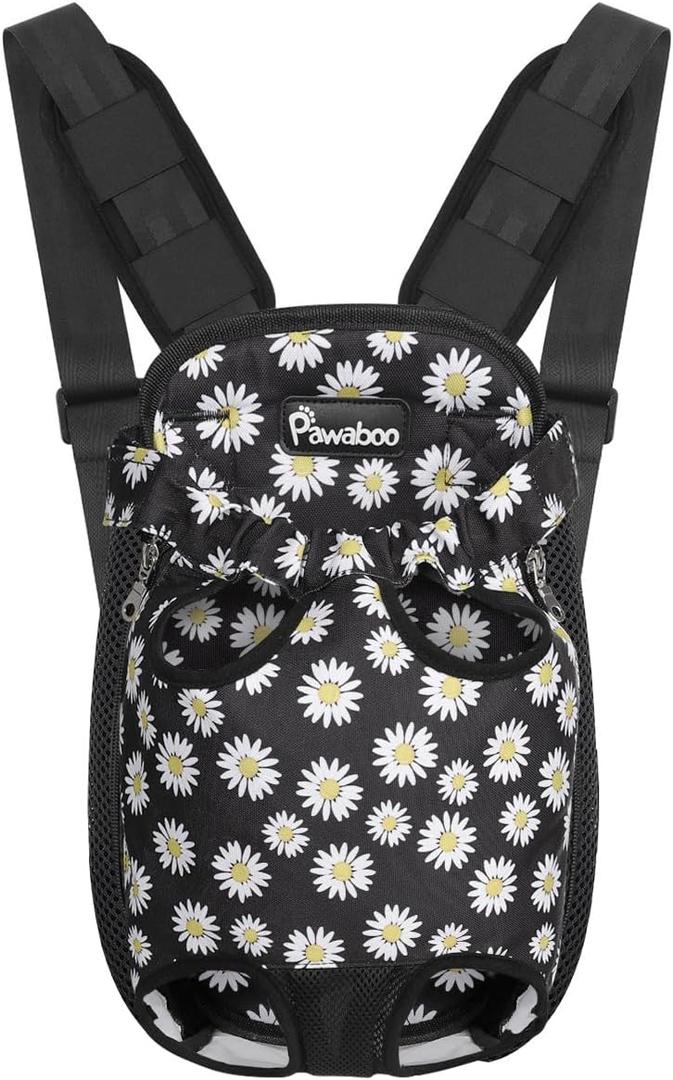 Pawaboo Pet Carrier Backpack, Adjustable Pet Front Cat Dog Carrier Backpack Travel Bag, Legs Out, Easy-Fit for Traveling Hiking Camping for Small Medium Dogs Cats Puppies, Small, Black Daisy