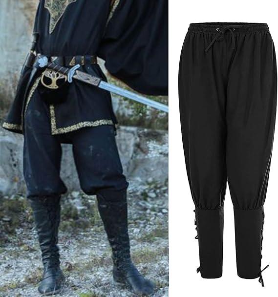 Men's Ankle Banded Pants Medieval Viking Navigator Pirate Costume Trousers Renaissance Gothic Pants (Medium, Black)