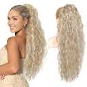 REECHO Ponytail Extension 30" Long Claw Clip Ponytail Extension Curly Wavy Pony Tails Hair Extensions Clip in Synthetic Hairpiece for Women, Medium Blonde with Highlights