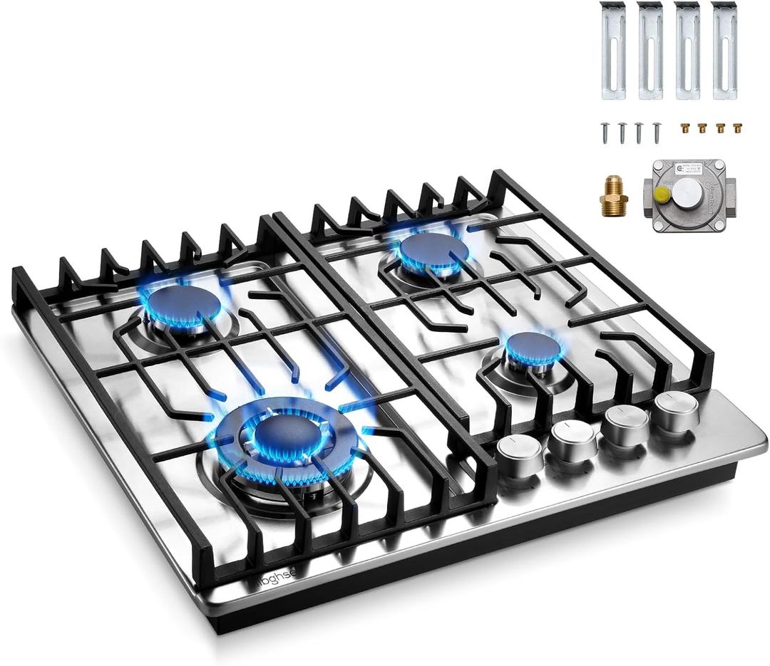 24 inch Gas Cooktop, Bulit-in 4 Burners Gas Stove Stainless Steel Stove Top with Thermocouple Protection, LPG/NG Convertible Propane Cooktops