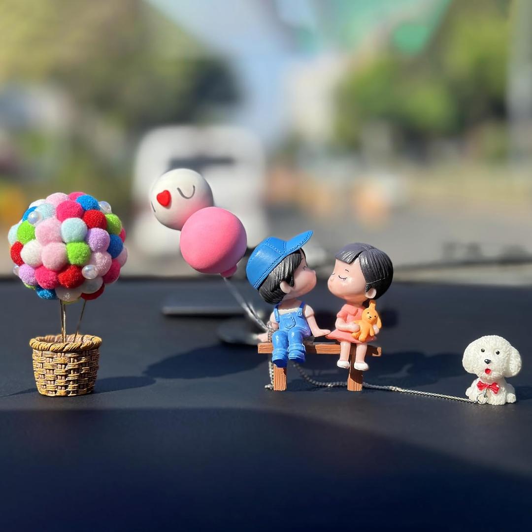 mCare Adorable Cartoon Couples Car Decoration for Dashboard, Boy Girl Cute Ornament with Dog and Balloons