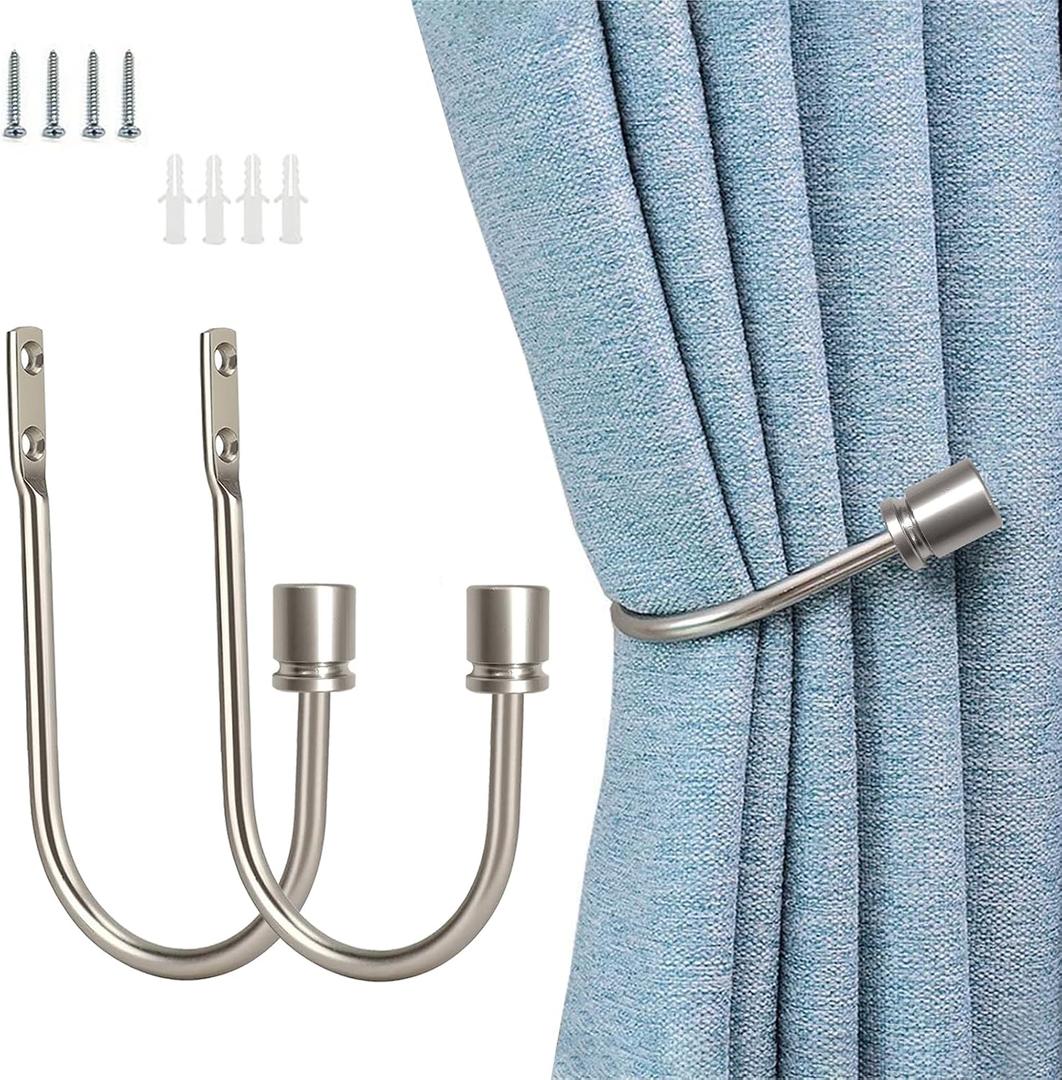 2 x Curtain Holdbacks, 2 Pack Wall Mounted Drapery Tiebacks with Screws, Heavy Duty Metal Decorative Window Drapery Holders, Curtain Holders with U Shape for Home Office, Silver