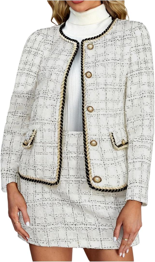 Women's 2 Piece Outfits Plaid Button Front Long Sleeve Tweed Jacket and Mini Skirt Elegant Set, Large