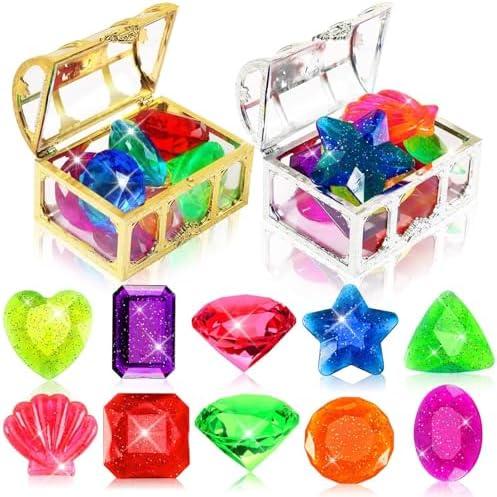 MARFOREVER 22 Pcs Diving Gem Pool Toys, Colorful Large Acrylic Diamond Pool Gems with 2 Pirate Treasure Chest Boxes Dive Throw Toys for Summer Swim Underwater Training Game Birthday Gift Prizes Missing Boxes