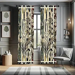 Ambesonne Nature Boho Window Curtains, Modern Illustration of Chill Leaves and Flowering Abstract Details, Lightweight Decor 2-Panel Set with Rod Pocket, Pair of - 28" x 95", Sepia Olive Green Beige