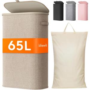 Lifewit Slim Laundry Basket with Lid, Narrow Laundry Hamper with Plastic Handles and Removable Bag, Tall Foldable Dirty Clothes Hampers for Laundry Room, Bedroom, Bathroom, Dorm, 65L Beige