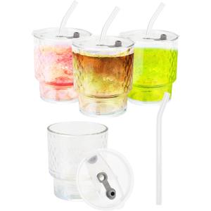 Glass Tumbler Cups with Lids and Straws, 13 oz, Reusable Drinkware, Clear, 4 Pack (Raindrops)