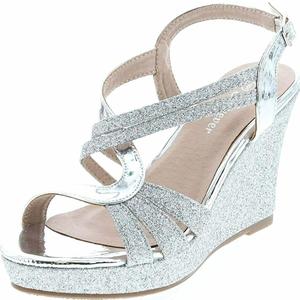 Forever FQ22 Women's Glitter Strappy Wrapped Wedge Heel Platform Sandals, Silver Glitter, 7.5