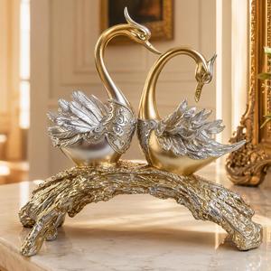 Silvery and Gold Couple Swan Figurine, 14.5'' x 16.2''
