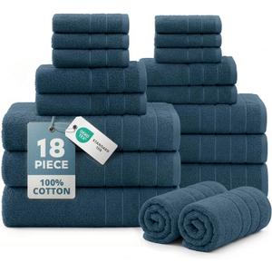 CASA PLATINO 100% Luxury Cotton Bathroom Towels Set - 18 Pc - Super Soft, Quick Dry & Highly Absorbent - 6 Bath, 6 Washcloth, 6 Hand Towels - Premium Hotel Quality, Ideal for Spa & Salons - Steel Blue
