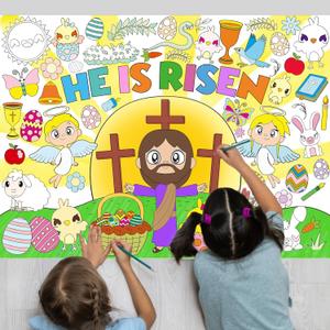 WorldBazaar Easter Christian Coloring Poster Craft for Kids 3PCS Large He is Risen Jesus Coloring Banner Tablecloth Easter Craft Classroom Home Activity Holy Week Religious Spring Party Favors