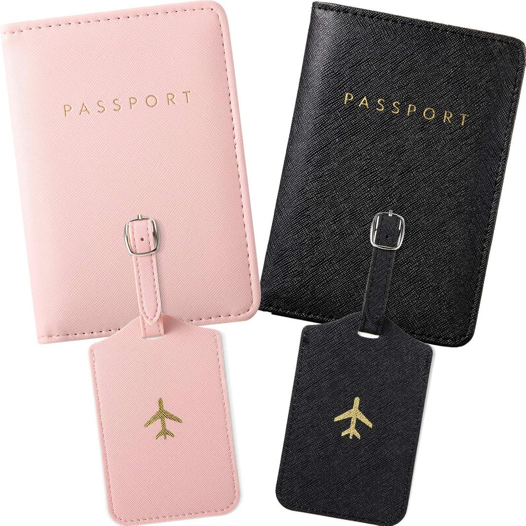 2 Set Passport Covers Holder and Luggage Tags Leather Travel Passport Wallets Holder Luggage Tags for Mr and Mrs Gift(Pink, Black)