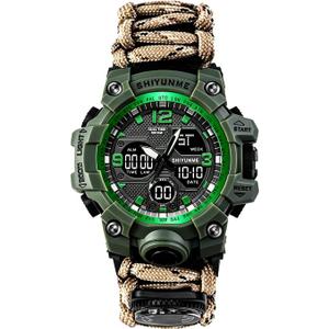 Multi Functional Outdoor Living Chain Torch, Compass, Watch, Thermometer, First aid Whistle and Knife/Scraper, Year/Month/Day Display, Alarm Reminder Waterproof Function