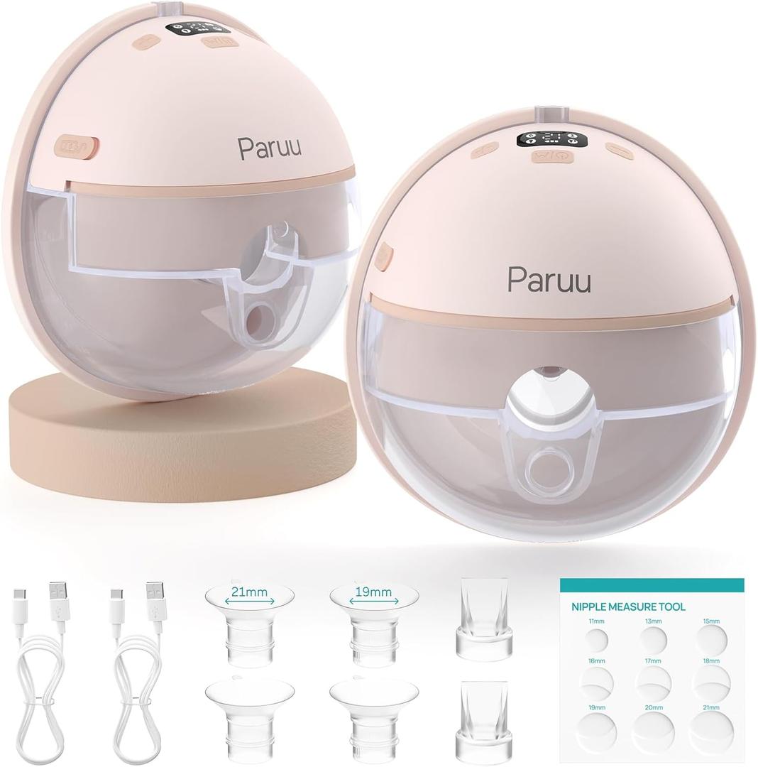Paruu Hands Free Breast Pump P16, Wearable Breast Pump Electirc Portable with 4 Modes & 12 Levels, Max 309mmHg Strong Suction 19/21/24mm Flange Inserts Wearable Breastfeeding Pump, 2 PackNude