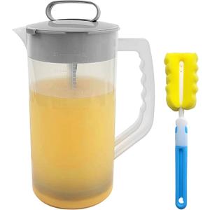 1 Pack Mixing Pitcher for Drink, 2 Quart/ 64oz Plastic Water Pitcher with Lid and Clean Sponge Brush, Angled Plastic Blades and Adjustable Mixer Plunger for Juice, Milk, Beverage Container