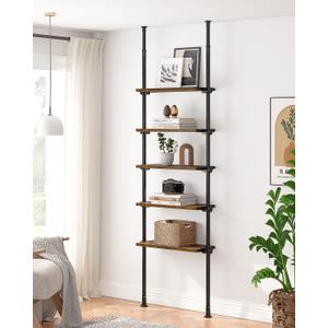 ALLZONE 5 Tiers Narrow Bookshelf, Tall Adjustable Ladder Book Shelf with Open Storage, Floor to Ceiling Tension Mount, Wooden Industrial Bookcase for Living Room, 92 to 116 Inch, Brown (5-Tier (27.84'' Wide))