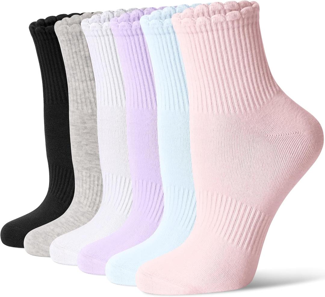 CS CELERSPORT Women's Mini Crew Ankle Socks with Scalloped Top,Pack of 6 | Pre-Washed Cotton Fabric,Seamless Toe,Casual Socks to Match Loafers,Birkenstocks and Boots for Daily Wear (S)