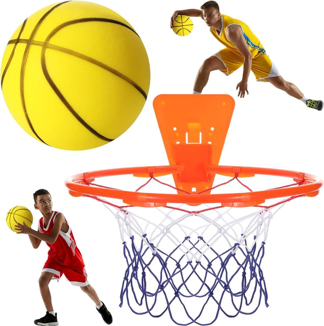 Silent Basketball and Hoop Set Soft Foam Indoor Basketball No Noise for Indoor Dribbling and Shooting Practice Ideal for Teens Adults (Size 7, Yellow)