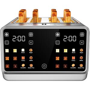 4 Slice Toaster with Dual Touchscreen, 1800W Stainless Steel Dual Zone Independent Control Extra Wide Slot 1.5 Inch, Smart BreadID Timer for Bagel Waffle, Kitchen Essentials