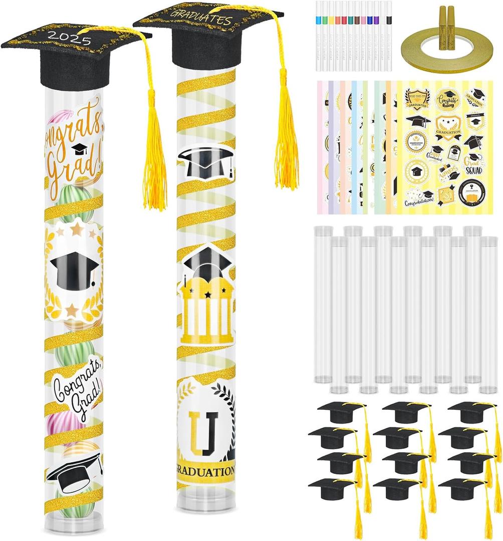 Cinrobiye 12 Set Graduation Candy Tubes with Caps Tassels Sticker,2025 Graduation Treats Party Favors Props for Photoshoot DIY Grad Candy Class of 2025 Party Supplies Crafts Gifts