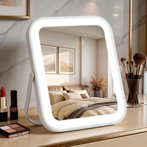 Rechargeable Vanity Mirror with Lights, 10"8" Makeup Mirror with Lights, 1500mAH Battery, Smart Touch with 3-Color Lighting, Dimmable, HD Desk Mirror, Travel Essentials, Women Gift (White)