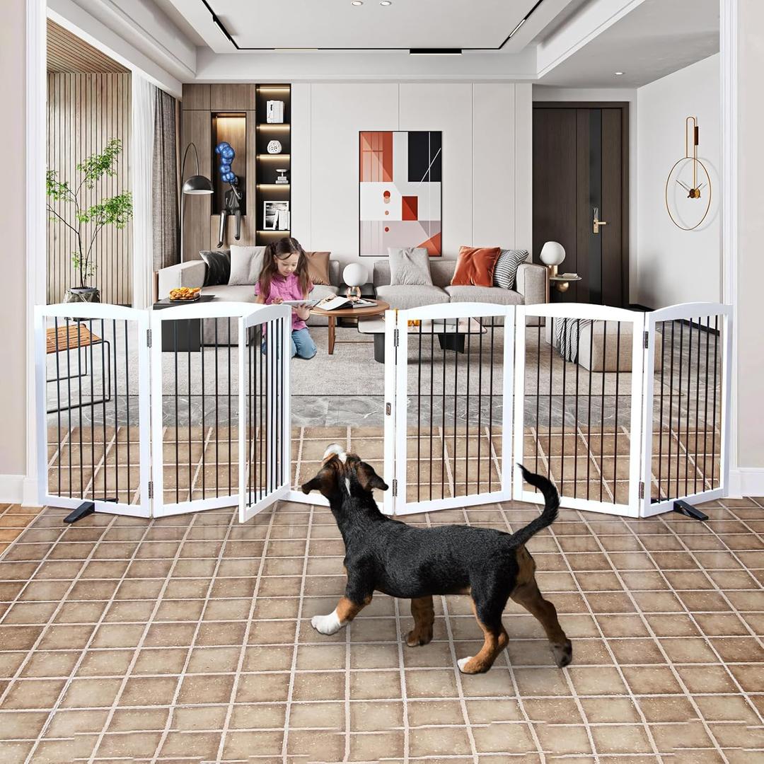 Dog Gate Freestanding Dog Fence Indoor with Door Foldable, Wooden Dog Gate for The House, Doorway, Stairs, Pet Gate Puppy Safety Fence, Support Feet Included, 32" Height, 6 Panels, White
