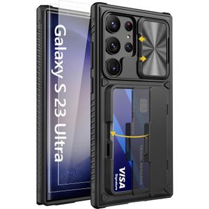 Vihibii for Samsung Galaxy S23 Ultra Case with Card Holder (4 Cards), Built-in 2X Tempered Glass Screen Protector & Slide Camera Cover & Kickstand, Rugged & Shockproof Phone Case for S23 Ultra, Black
