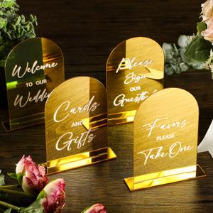 Woanger 4 Pcs Arch Acrylic Wedding Signs for Reception with Stand Gold Wedding Welcome Signs Gifts and Cards with Holder Arched Round Top 4'' x 6'' for Tables