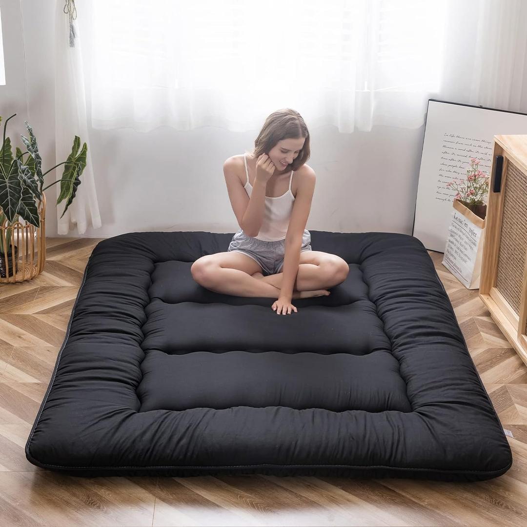 MAXYOYO Japanese Floor Mattress Futon Mattress, 4" Thicken Tatami Mat Sleeping Pad Foldable Roll Up Mat Boys Girls Dormitory Pad Kids Floor Lounger Pillow Bed, Black, Twin Size