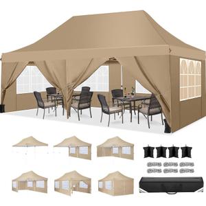 COBIZI Canopy 10x20 Pop Up Canopy Tent with 6 Sidewalls, Waterproof Commercial Canopy Ez Outdoor Instant Gazebo Easy to Set up Event Shelter, Garden Tents for Parties with Sandbags, KH